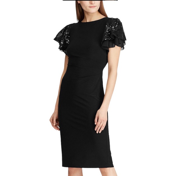 LAUREN RALPH LAUREN EVENING BLACK EMBELLISHED FLUTTER SLEEVE PARTY DRESS NWT 10 - Picture 1 of 14